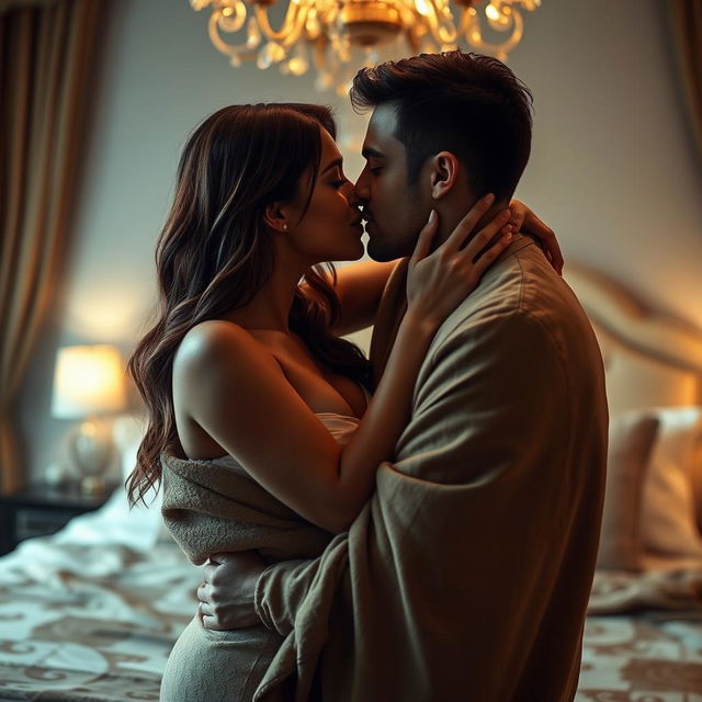 A sensual intimate moment between a couple in an elegantly decorated bedroom, soft ambient lighting creates a warm atmosphere, showcasing their affectionate interactions, with gentle kisses and tender embraces