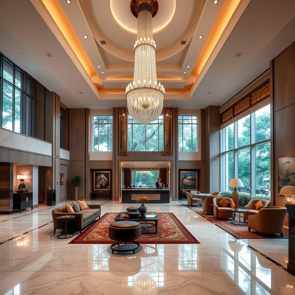 A luxurious hotel reception area, featuring a grand chandelier hanging from a high ceiling, polished marble floors, and elegant decorative elements