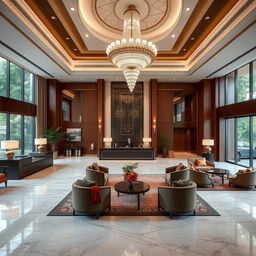 A luxurious hotel reception area, featuring a grand chandelier hanging from a high ceiling, polished marble floors, and elegant decorative elements