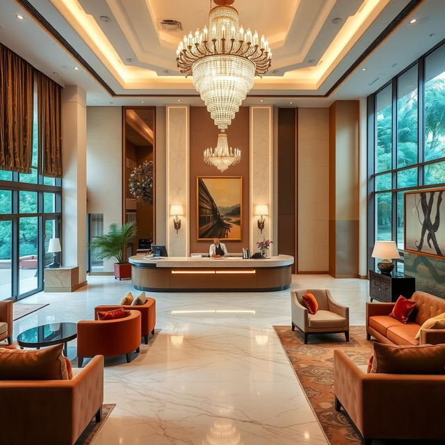 A luxurious hotel reception area, featuring a grand chandelier hanging from a high ceiling, polished marble floors, and elegant decorative elements