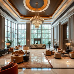 A luxurious hotel reception area, featuring a grand chandelier hanging from a high ceiling, polished marble floors, and elegant decorative elements