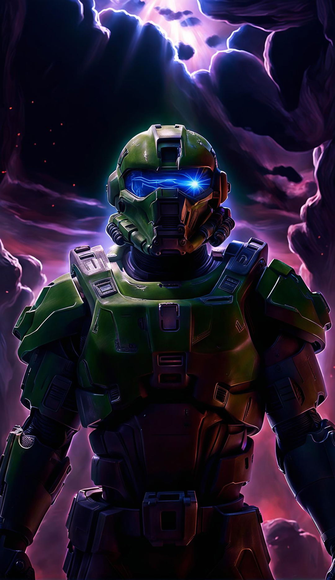 Master Chief from Halo, without his helmet, praying under a radiant divine light with a cross in the background, in a style reminiscent of Michelangelo's