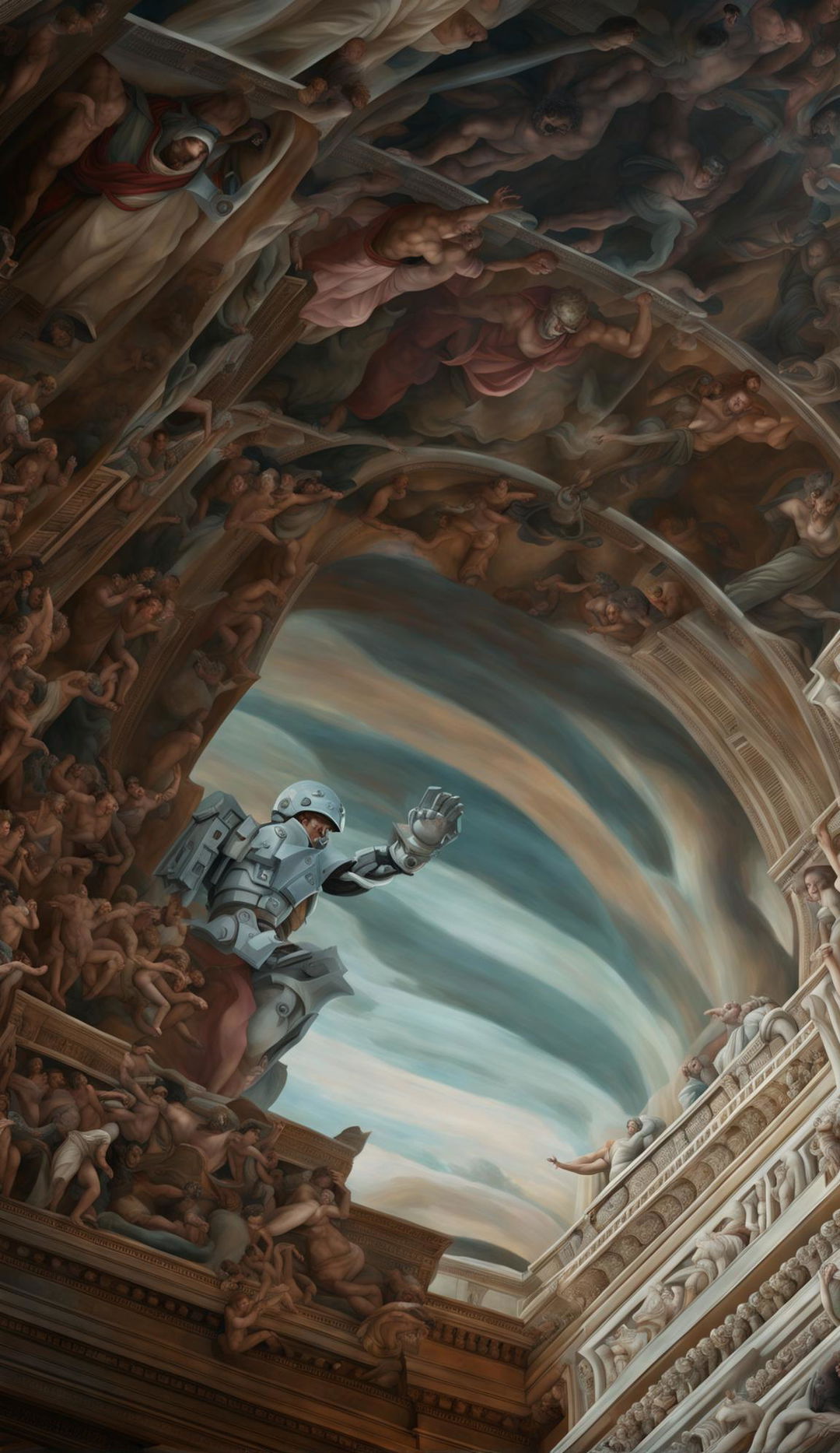 Digital art reimagining Michelangelo's Sistine Chapel ceiling with Master Chief from Halo replacing God reaching out to Adam, surrounded by characters from the Halo universe against a backdrop of celestial motifs