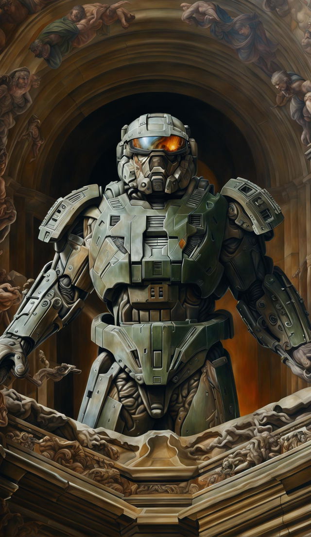 Digital art of Master Chief from Halo in the style of Michelangelo's Sistine Chapel, reaching out in the iconic pose, surrounded by celestial motifs