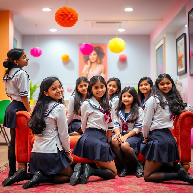 A vibrant scene featuring a group of Indian girls aged 15 in stylish school uniforms paired with black tight stockings