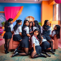 A vibrant scene featuring a group of Indian girls aged 15 in stylish school uniforms paired with black tight stockings