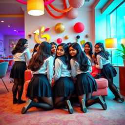 A vibrant scene featuring a group of Indian girls aged 15 in stylish school uniforms paired with black tight stockings