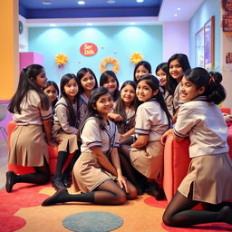 A vibrant scene featuring a group of Indian girls aged 15 in stylish school uniforms paired with black tight stockings