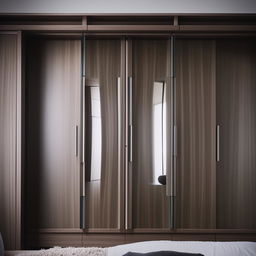 A sophisticated and elegant wardrobe design for a bedroom with ample storage space, sleek drawers, mirrored doors, and a walnut finish.