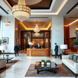 A luxurious hotel reception area, featuring a grand lobby with elegant chandeliers, marble floors, and stylish contemporary furniture