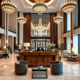 A luxurious hotel reception area, featuring a grand lobby with elegant chandeliers, marble floors, and stylish contemporary furniture