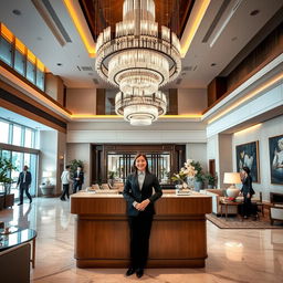 A luxurious hotel reception area, featuring a grand lobby with elegant chandeliers, marble floors, and stylish contemporary furniture