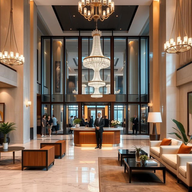 A luxurious hotel reception area, featuring a grand lobby with elegant chandeliers, marble floors, and stylish contemporary furniture