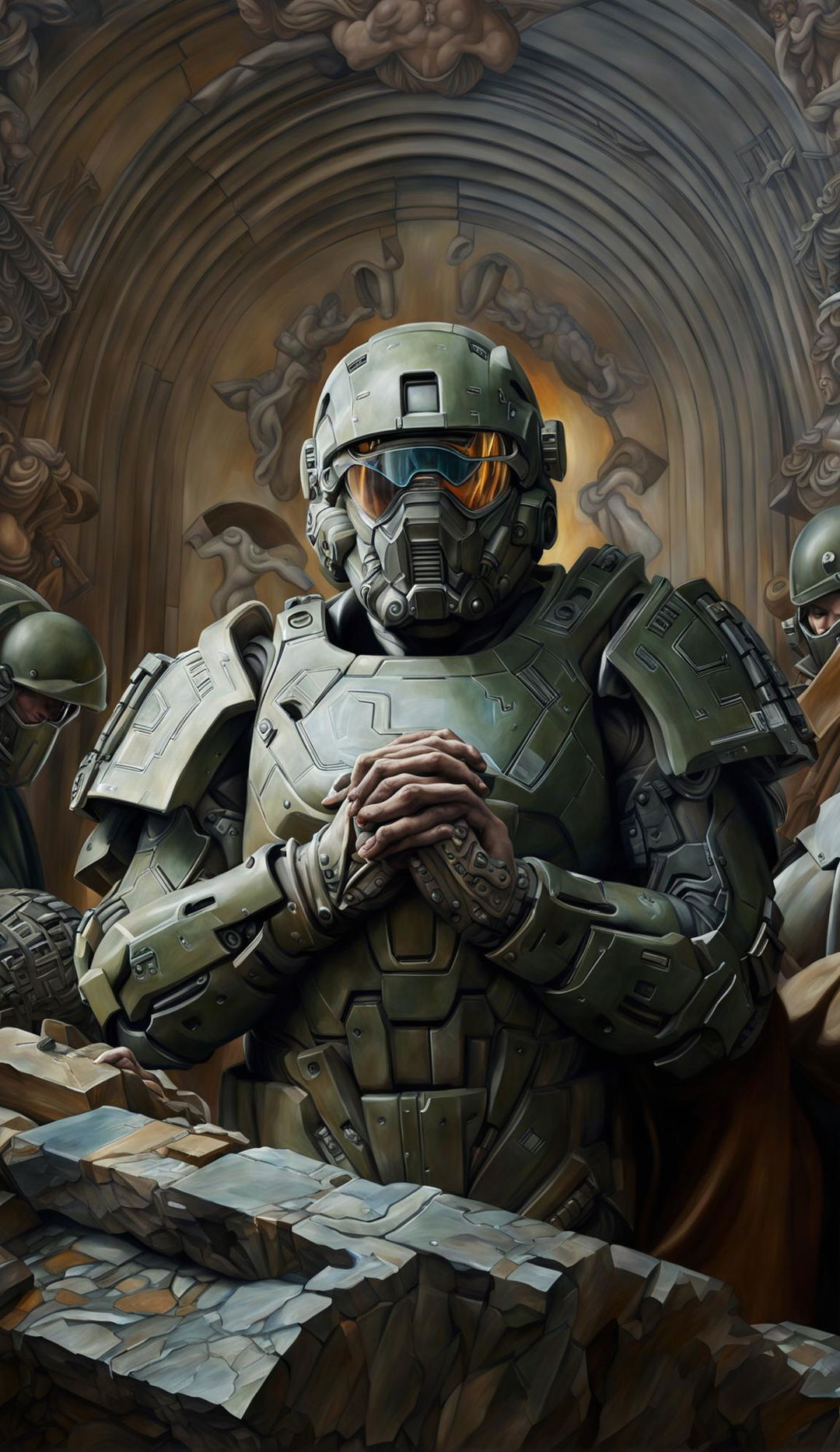 Digital art of Master Chief from Halo in prayer pose, styled after Michelangelo's Sistine Chapel, surrounded by celestial motifs