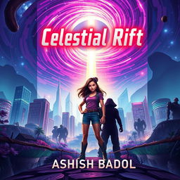 Book cover for 'Celestial Rift' featuring Nova Prime's vibrant skyscrapers and bioluminescent gardens, all illuminated under a dynamic swirling cosmic rift