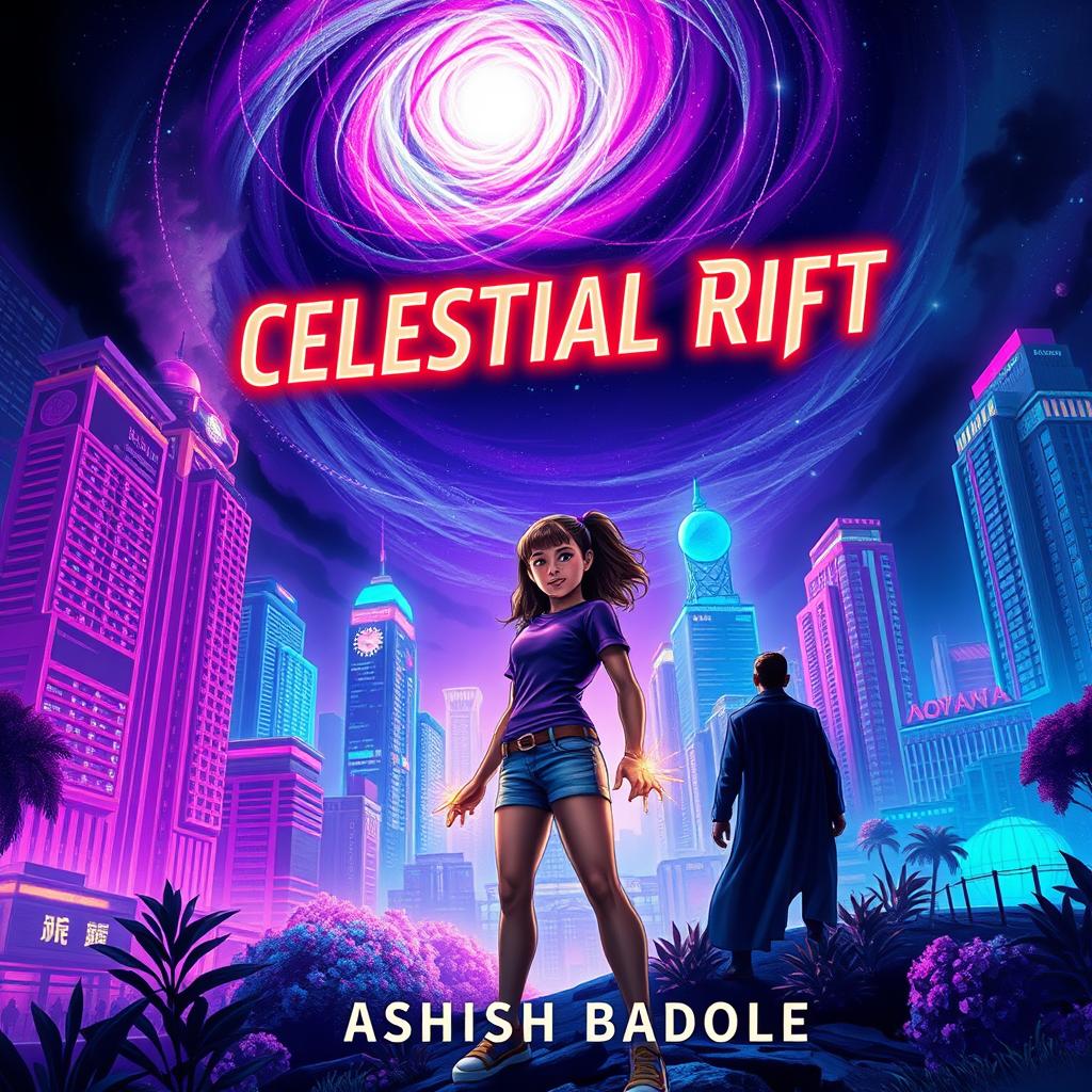 Book cover for 'Celestial Rift' featuring Nova Prime's vibrant skyscrapers and bioluminescent gardens, all illuminated under a dynamic swirling cosmic rift