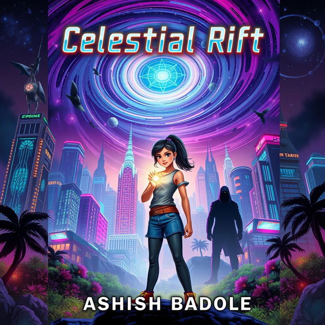 Book cover for 'Celestial Rift' featuring Nova Prime's vibrant skyscrapers and bioluminescent gardens, all illuminated under a dynamic swirling cosmic rift