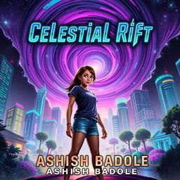 Book cover for 'Celestial Rift' featuring Nova Prime's vibrant skyscrapers and bioluminescent gardens, all illuminated under a dynamic swirling cosmic rift