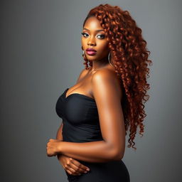 A sexy woman standing at 5'4’’ with a cool honey complexion, showcasing her natural long auburn 4B coily hair that beautifully frames her face
