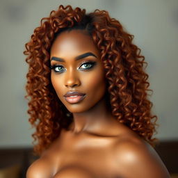 A sexy woman standing at 5'4’’ with a cool honey complexion, showcasing her natural long auburn 4B coily hair that beautifully frames her face
