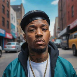 A photo realistic portrait of the world's best rapper, capturing their charisma and prowess in a vibrant urban background.
