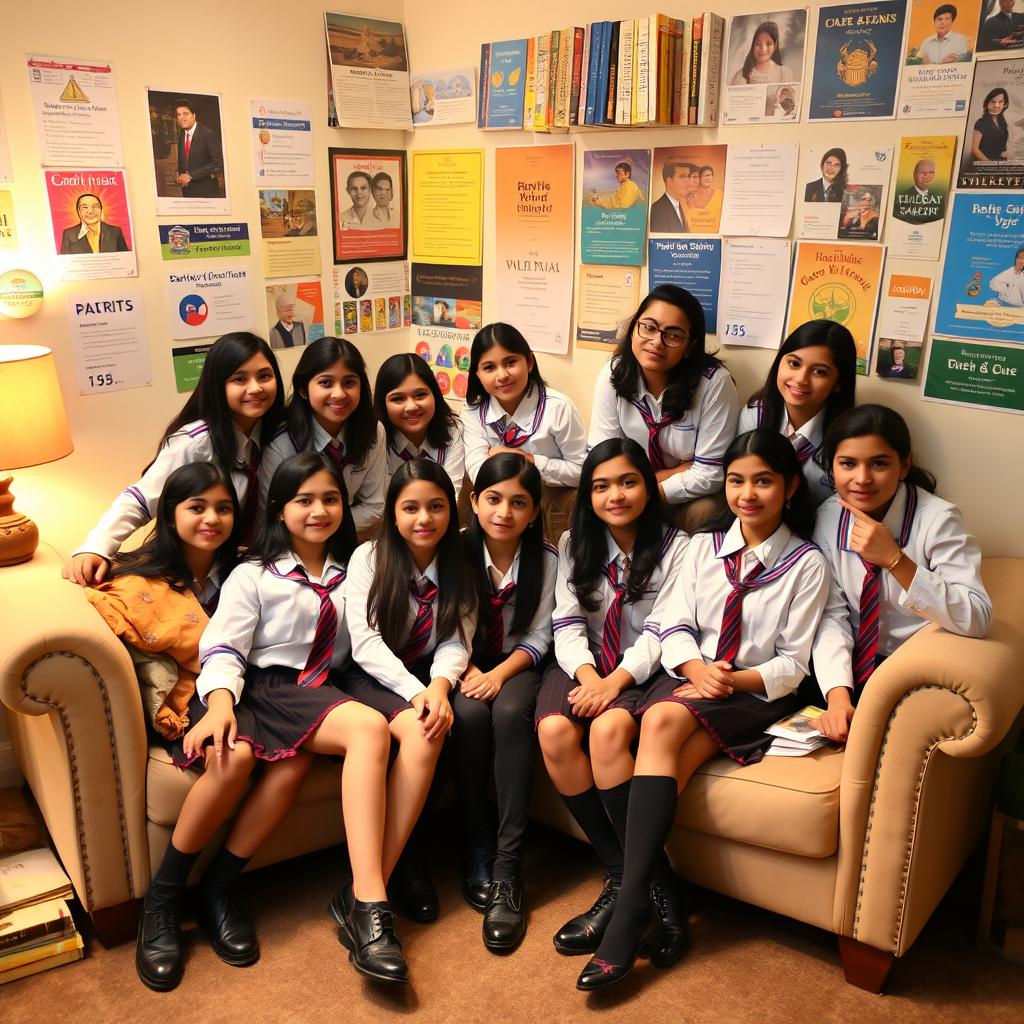 A group of Indian teenage girls aged 15, all wearing neat school uniforms complete with ties and blazers