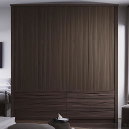 A sophisticated and elegant wardrobe design for a bedroom with ample storage space, sleek drawers, mirrored doors, and a walnut finish.