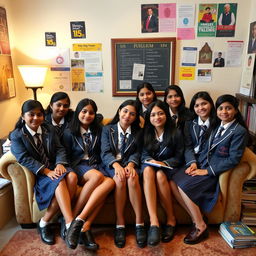 A group of Indian teenage girls aged 15, all wearing neat school uniforms complete with ties and blazers