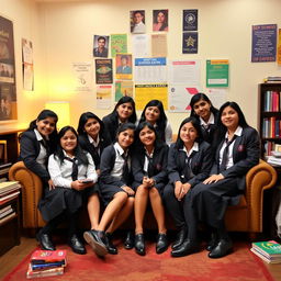 A group of Indian teenage girls aged 15, all wearing neat school uniforms complete with ties and blazers