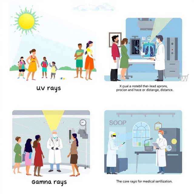 An informative and visually appealing illustration depicting the safe use of UV rays, X-rays, and gamma rays in various contexts