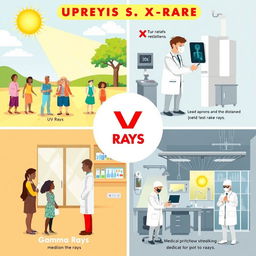 An informative and visually appealing illustration depicting the safe use of UV rays, X-rays, and gamma rays in various contexts
