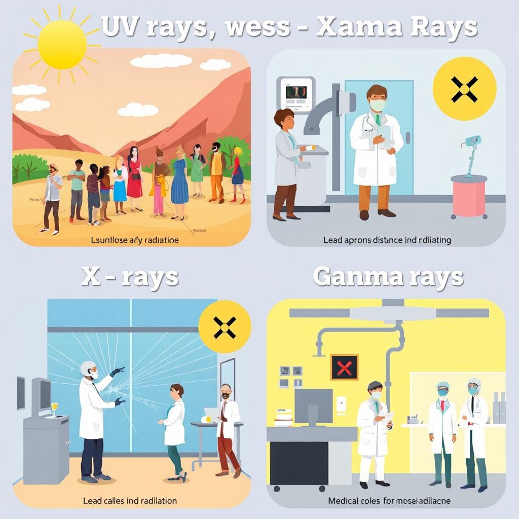 An informative and visually appealing illustration depicting the safe use of UV rays, X-rays, and gamma rays in various contexts