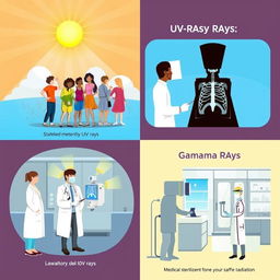 An informative and visually appealing illustration depicting the safe use of UV rays, X-rays, and gamma rays in various contexts