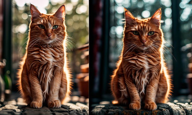 Side-by-side comparison of a full-body shot of a ginger cat taken with Sony α7 III camera: one with a 25mm lens showing a wider view and slightly blurred background; and another with a 200mm lens offering an intensely zoomed-in perspective with pronounced details and significantly blurred background