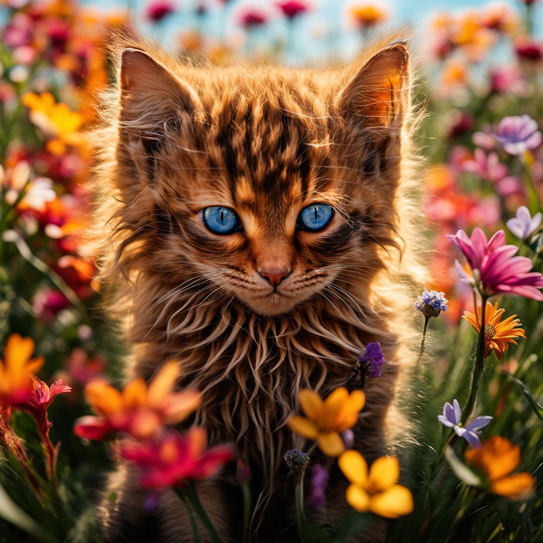 A high-resolution photograph taken with a Sony α7 III and Sony FE 36mm lens, featuring a long-haired, fluffy ginger kitten with sapphire blue eyes sitting amidst a field of colorful wildflowers under a clear blue sky