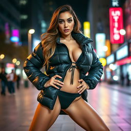 A striking young woman wearing a tight, shiny black puffer jacket that showcases her curves and large bosom