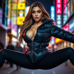 A striking young woman wearing a tight, shiny black puffer jacket that showcases her curves and large bosom