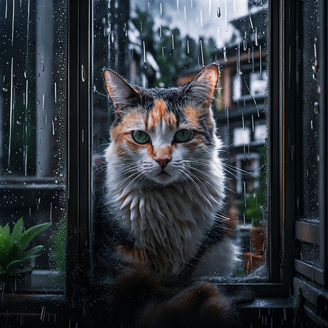 A calico cat sits on a windowsill, looking out at a rainy day through a window streaked with raindrops