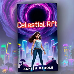 Book cover for 'Celestial Rift' featuring Nova Prime's vibrant skyscrapers and bioluminescent gardens, all illuminated under a swirling cosmic rift