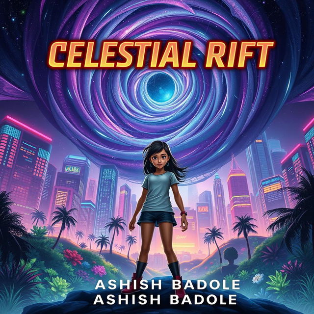 Book cover for 'Celestial Rift' featuring Nova Prime's vibrant skyscrapers and bioluminescent gardens, all illuminated under a swirling cosmic rift