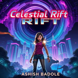 Book cover for 'Celestial Rift' featuring Nova Prime's vibrant skyscrapers and bioluminescent gardens, all illuminated under a swirling cosmic rift