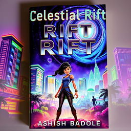 Book cover for 'Celestial Rift' featuring Nova Prime's vibrant skyscrapers and bioluminescent gardens, all illuminated under a swirling cosmic rift