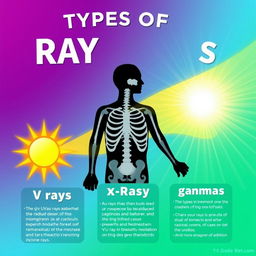 A visually striking educational poster illustrating the different types of rays: UV rays, X-rays, and gamma rays