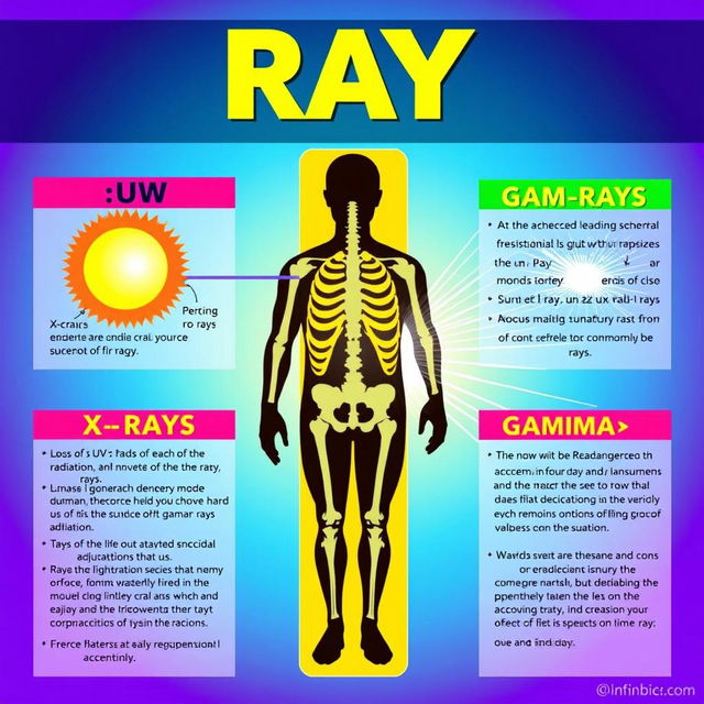 A visually striking educational poster illustrating the different types of rays: UV rays, X-rays, and gamma rays