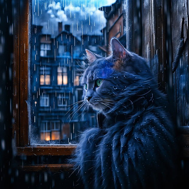 High-resolution photograph of a blue cat watching the rain from an old wooden window