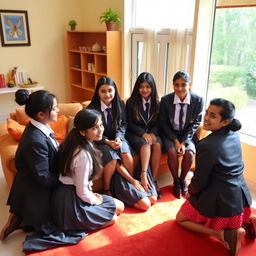 A group of Indian teenage girls aged 15, all dressed in stylish school uniforms, complete with crisp shirts, ties, and blazers