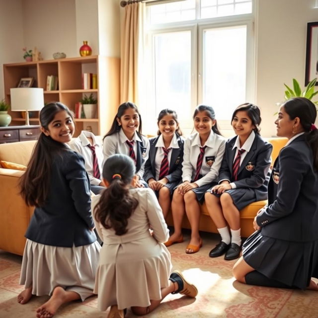 A group of Indian teenage girls aged 15, all dressed in stylish school uniforms, complete with crisp shirts, ties, and blazers