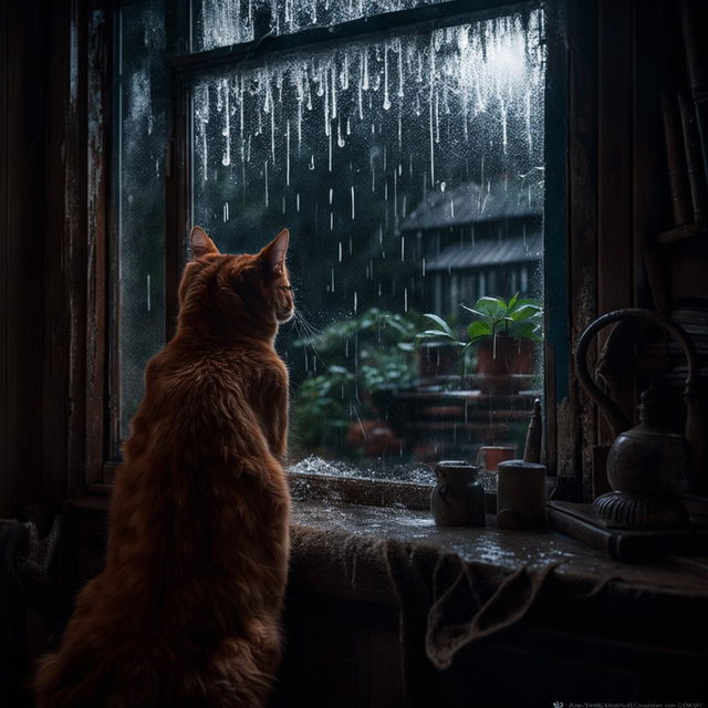 Full shot photograph of a ginger cat looking out at the rain from an old window, taken with Sony α7R IV and Sony FE 60 mm f/2