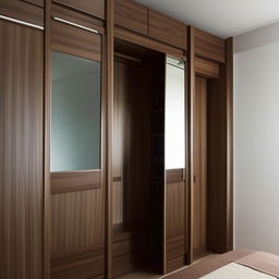 A sophisticated and elegant wardrobe design for a bedroom with ample storage space, sleek drawers, mirrored doors, and a walnut finish.