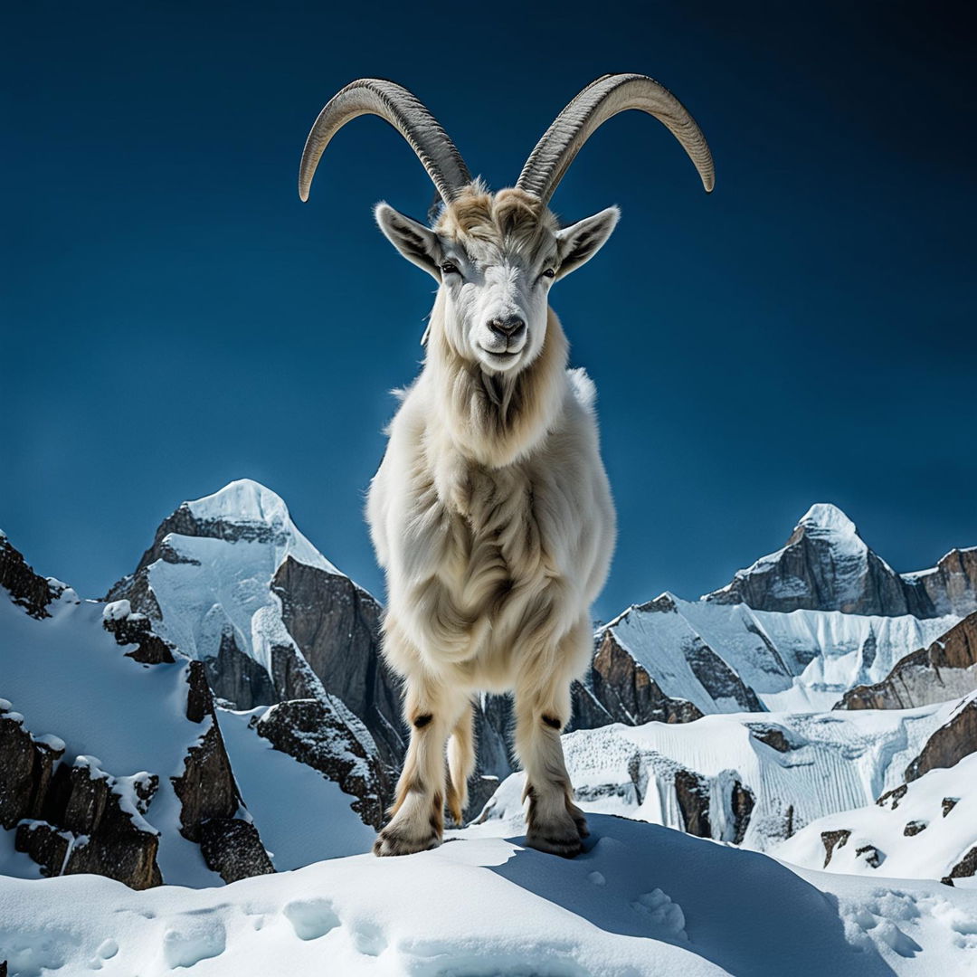 A resilient mountain goat standing on the snowy peak of Mount Everest.